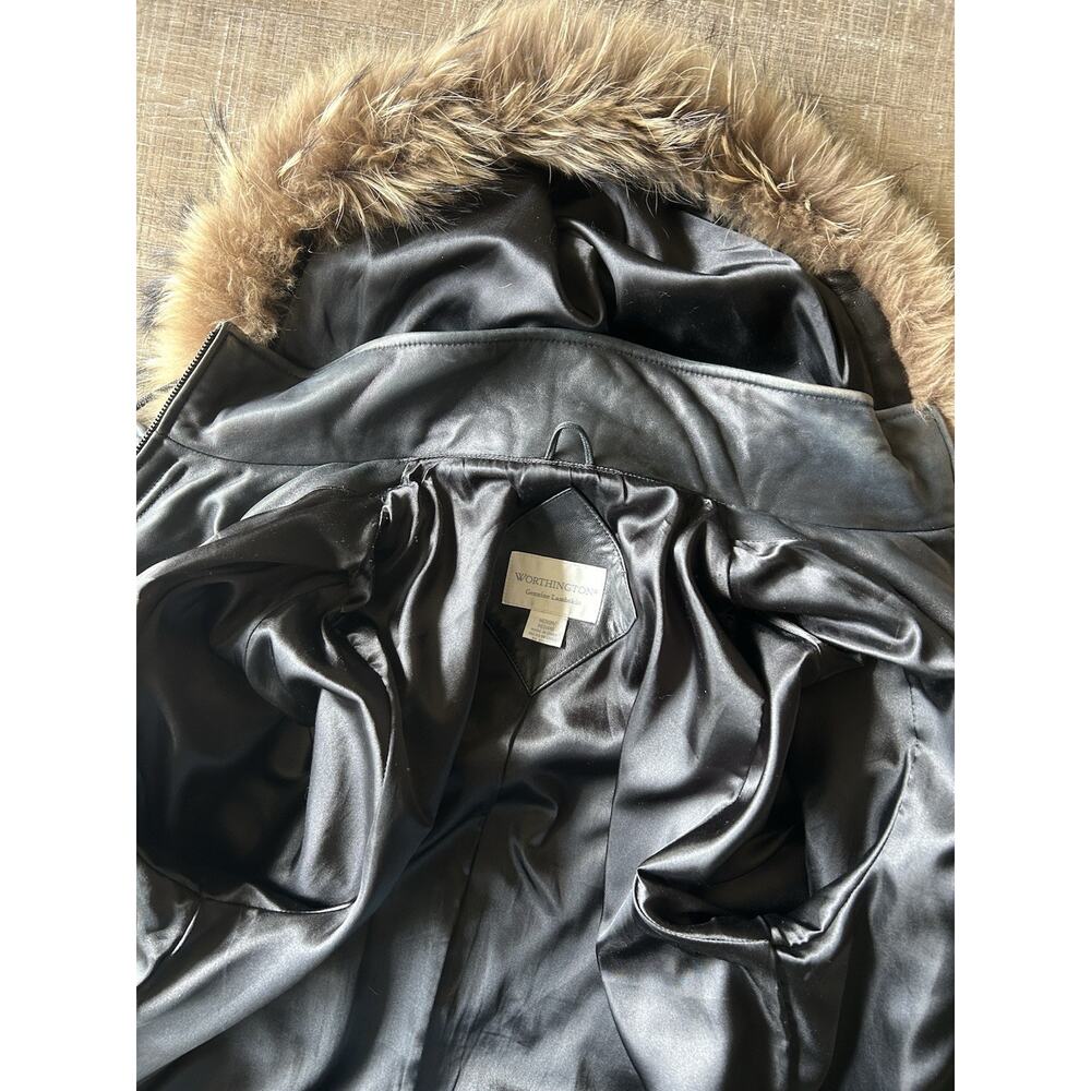 Vintage Worthington Lambskin Leather Parka Women M Raccoon Fur Hood Black Y2K - Picture 5 of 16